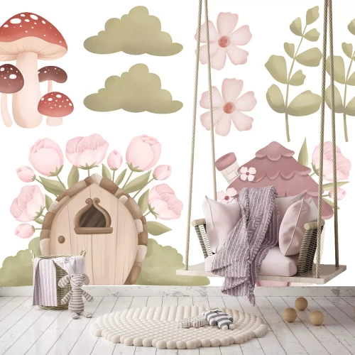 Sticker Feeënhuizen met bladeren en bloemen