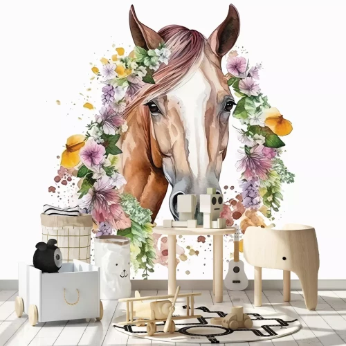 Sticker Aquarelportret van een paard tussen bloemen