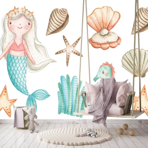 Sticker Aquarel zeemeermin en schelpjes
