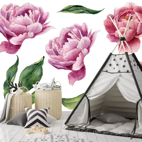 Sticker Roze pioenrozen bloemen en groene bladeren