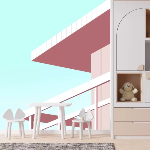 Fotobehang Een roze huis aan zee tegen een blauwe lucht