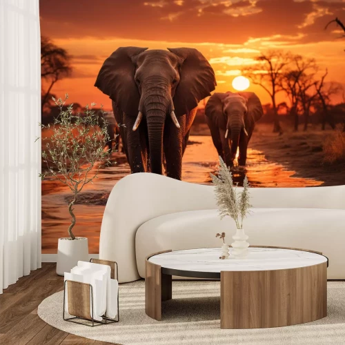 Fotobehang Schilderachtige scène van een olifantensafari