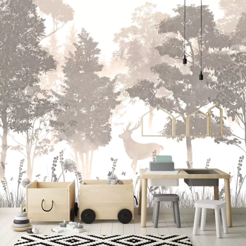 Fotobehang Een kwetsbaar boslandschap met een hert.