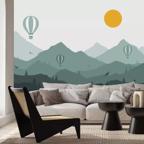 Fotobehang Een vredig panorama van de bergen met ballonnen.