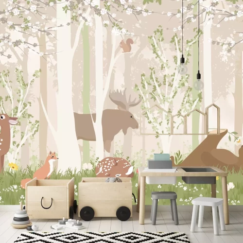 Fotobehang Een sprookjesachtig lentebostafereel met een hert.