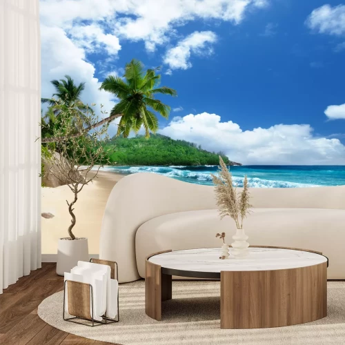 Fotobehang Een paradijselijk strand met een turquoise zee.