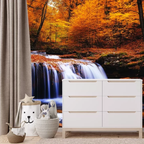 Fotobehang Herfstbos met waterval, schilderachtig landschap