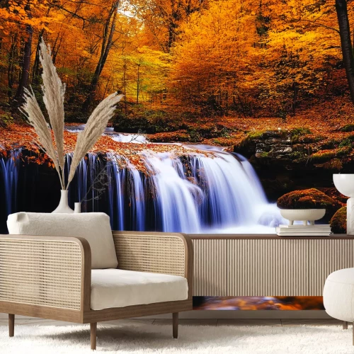 Fotobehang Herfstbos met waterval, schilderachtig landschap