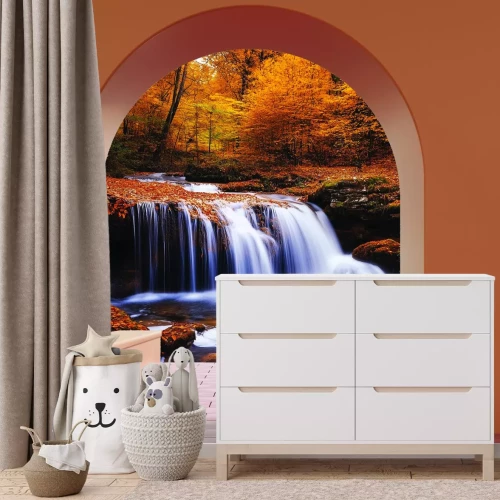 Fotobehang Landschap met uitzicht op een waterval in een herfstlandschap