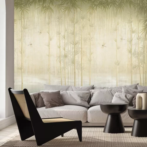 Fotobehang Libellen tussen bamboetakken, delicaat bloemenpatroon