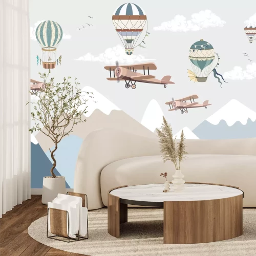 Fotobehang Ballonnen zweven boven een berglandschap, sprookjesmotief