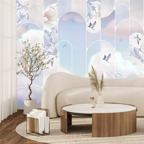 Fotobehang Vogels, wolken en bloemen in geometrische vormenpatroon in pasteltinten