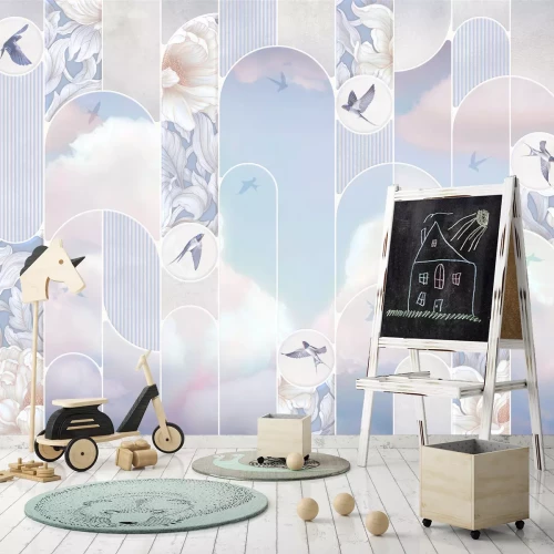 Fotobehang Vogels, wolken en bloemen in geometrische vormenpatroon in pasteltinten