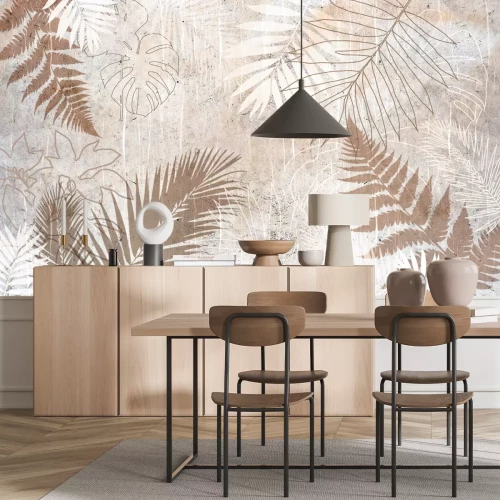 Fotobehang Monstera palm- en varenbladeren op een gestructureerde achtergrond met betoneffect