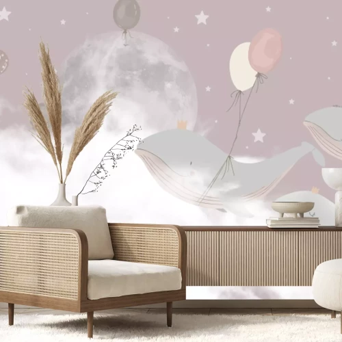 Fotobehang Walvissen met ballonnen tussen de wolken en sterren van de nachtelijke hemel