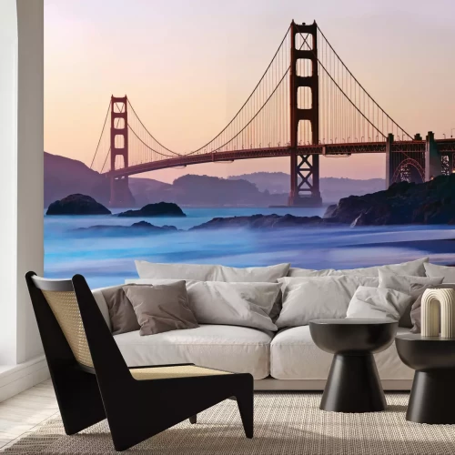 Fotobehang Mistig ochtendlandschap met uitzicht op de Golden Gate Bridge