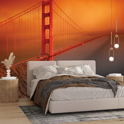 Fotobehang Mistig landschap met zonsondergang en Golden Gate Bridge