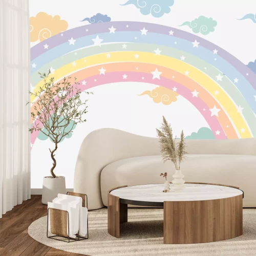 Fotobehang Een kleurrijke regenboog met sterren tussen de wolken