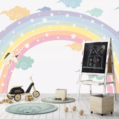 Fotobehang Een kleurrijke regenboog met sterren tussen de wolken