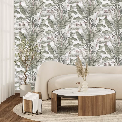 Fotobehang Tropische planten bananenbladeren bakstenen muurdecoratie