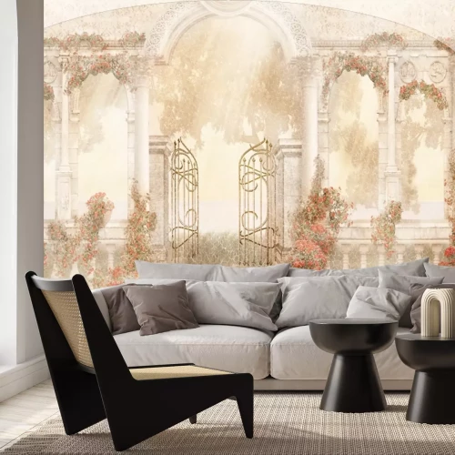 Fotobehang Poort en kolommen architectuur rode bloemen textuur achtergrond