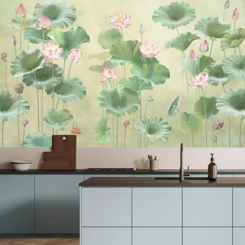 Fotobehang Roze waterlelies tussen groene bladeren - natuurlijk motief