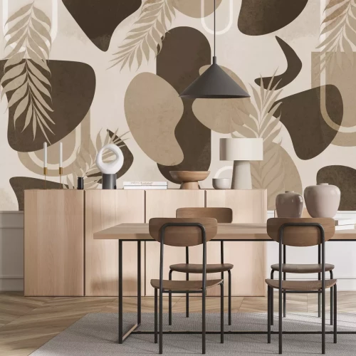 Fotobehang Bladeren en geometrische vormen beige en bruine decoratieve compositie