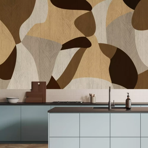 Fotobehang Pauwenveren op abstracte houten achtergrond met geometrische vormen