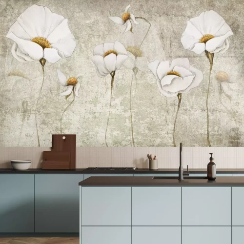 Fotobehang Schets van witte bloemen op een moderne betonnen achtergrond