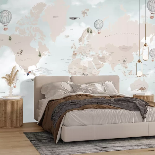 Fotobehang Wereldkaart voor kinderen met een lucht en wolken op de achtergrond