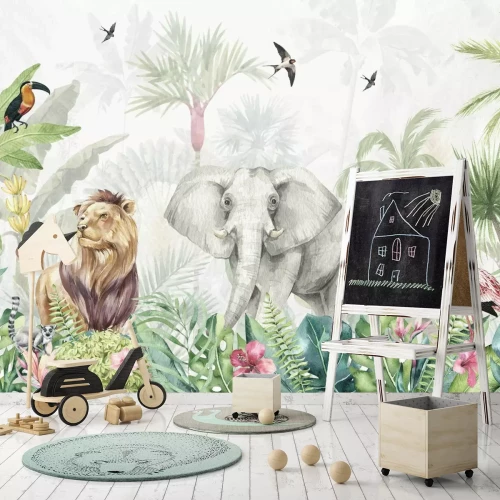 Fotobehang Tropische jungle met exotische dieren