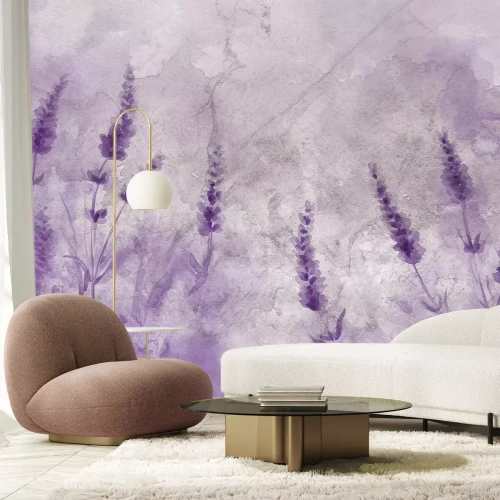 Fotobehang Aquarelpatroon van een lavendelveld