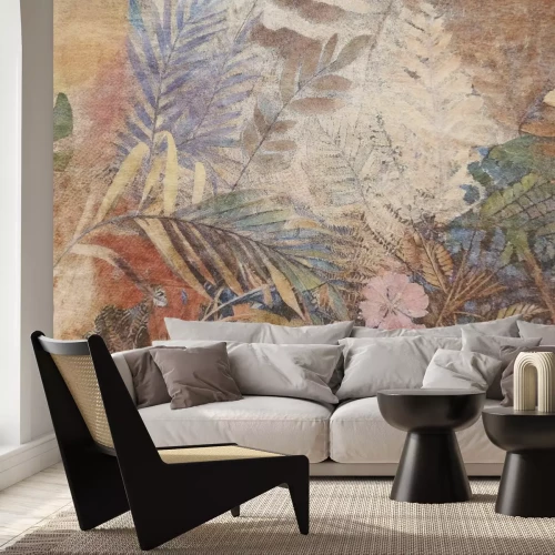 Fotobehang Tropische bladeren en bloemen in herfstkleuren