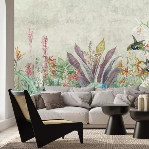 Fotobehang Palmbladeren met vogels op de achtergrond