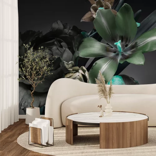 Fotobehang Lelies en pioenrozen op een donkere achtergrond