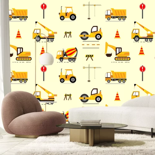 Fotobehang Gele speelgoedauto&#39;s graafmachine kraan kinderpatroon