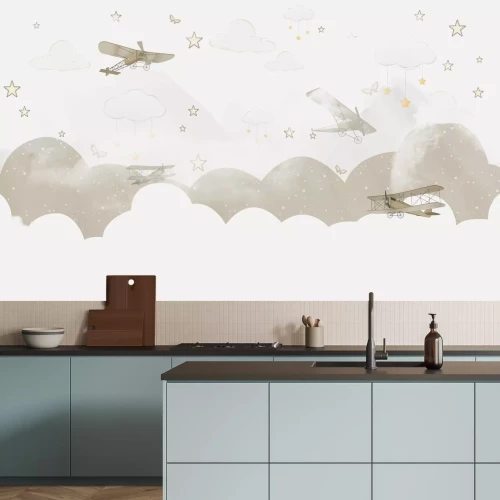 Fotobehang Beige vliegtuigen, sterren en wolken