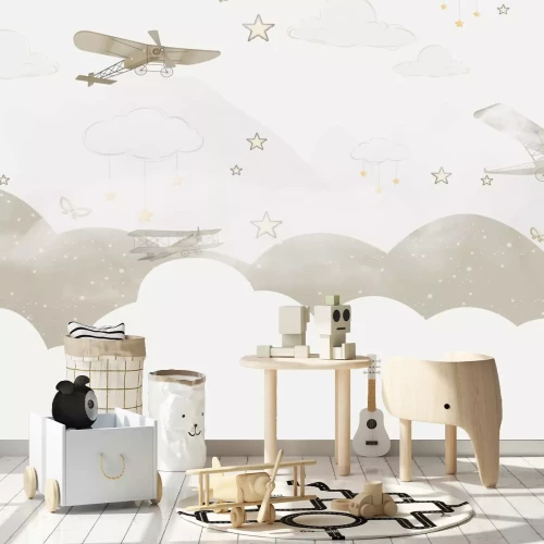 Fotobehang Beige vliegtuigen, sterren en wolken