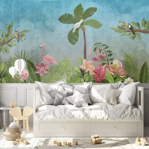 Fotobehang Exotische vogels tropisch landschap