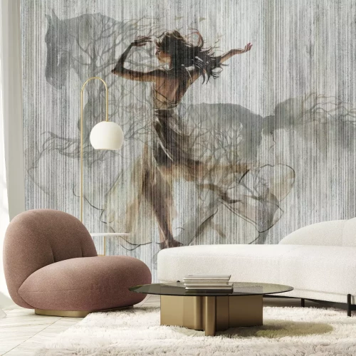 Fotobehang Een moderne compositie van een dansende vrouw en een galopperend paard