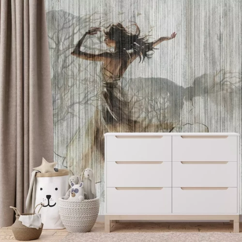 Fotobehang Een moderne compositie van een dansende vrouw en een galopperend paard