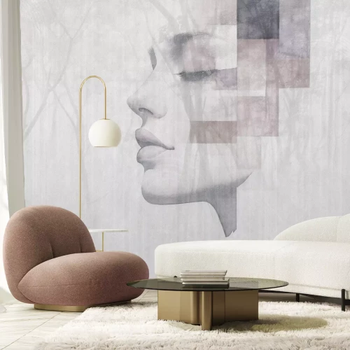 Fotobehang Aquarel abstract portret van een vrouw tegen een achtergrond van bos en natuur