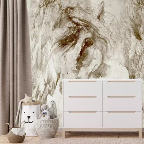 Fotobehang Aquarelportret van een paardenkop met veren in sepia