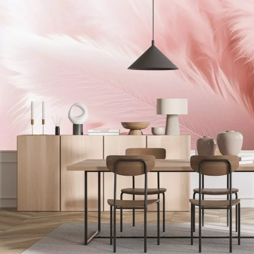 Fotobehang Close-up van roze veren op een pastelkleurige achtergrond