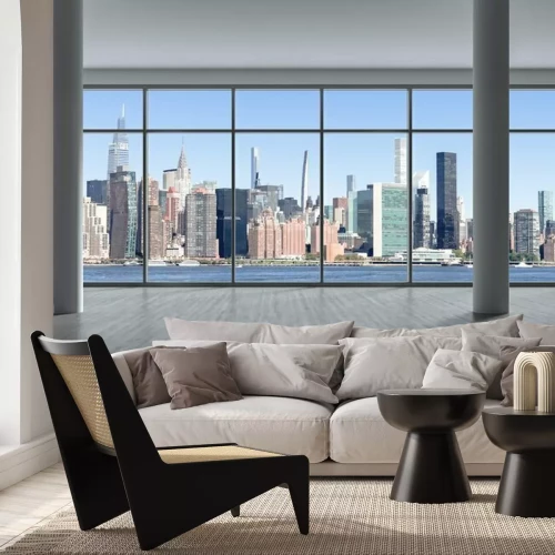 Fotobehang Een raam met uitzicht op Manhattan