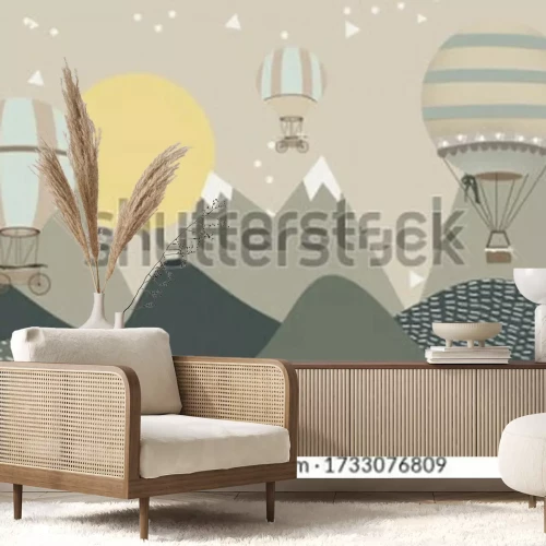 Fotobehang Een minimalistische sprookjesillustratie met ballonnen en bergen