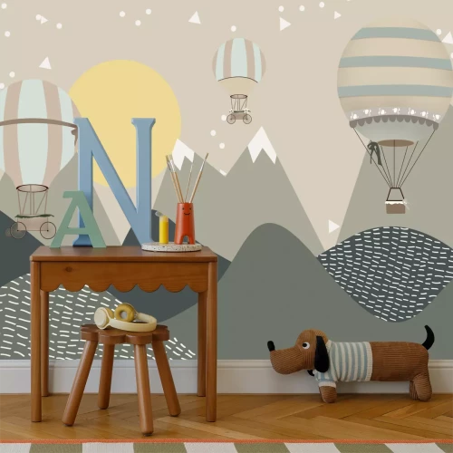 Fotobehang Een minimalistische sprookjesillustratie met ballonnen en bergen