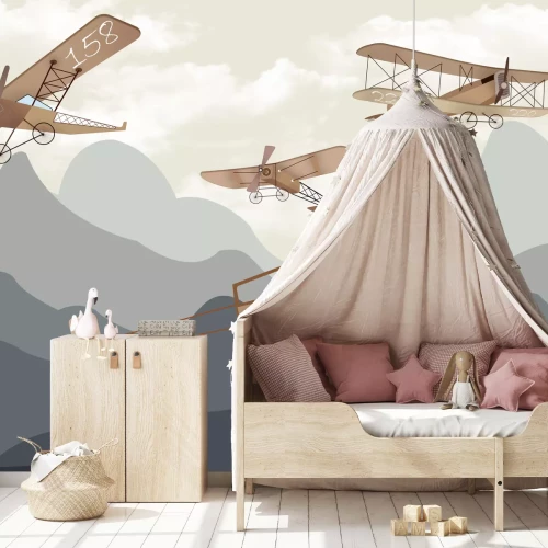 Fotobehang Dubbeldekkers boven de bergen illustratie