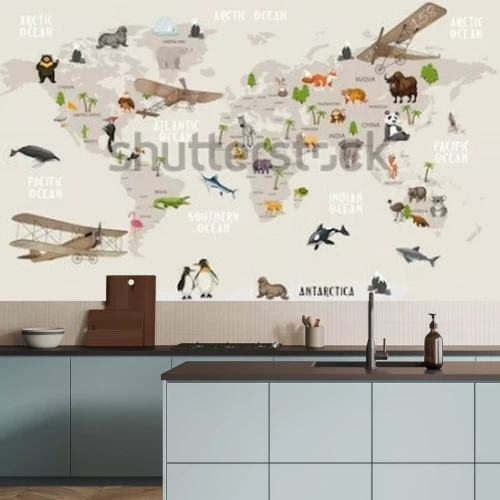 Fotobehang Grijze wereldkaart met dieren voor kinderen