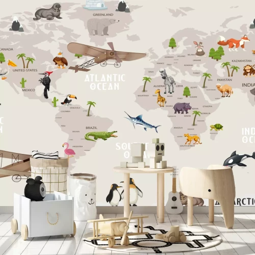 Fotobehang Grijze wereldkaart met dieren voor kinderen
